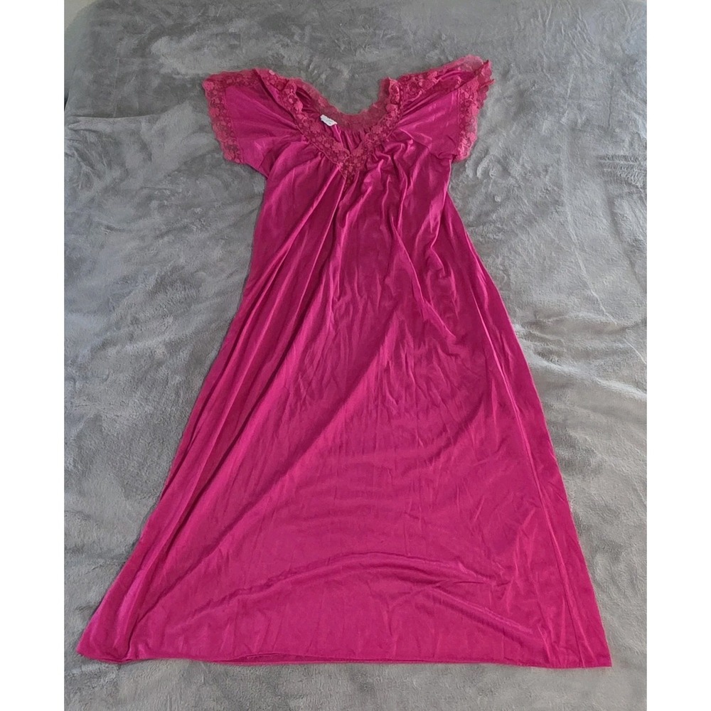 Vintage‎ Fascination NY Pink Lace Trim Nylon Long Nightgown Lingerie Size Medium